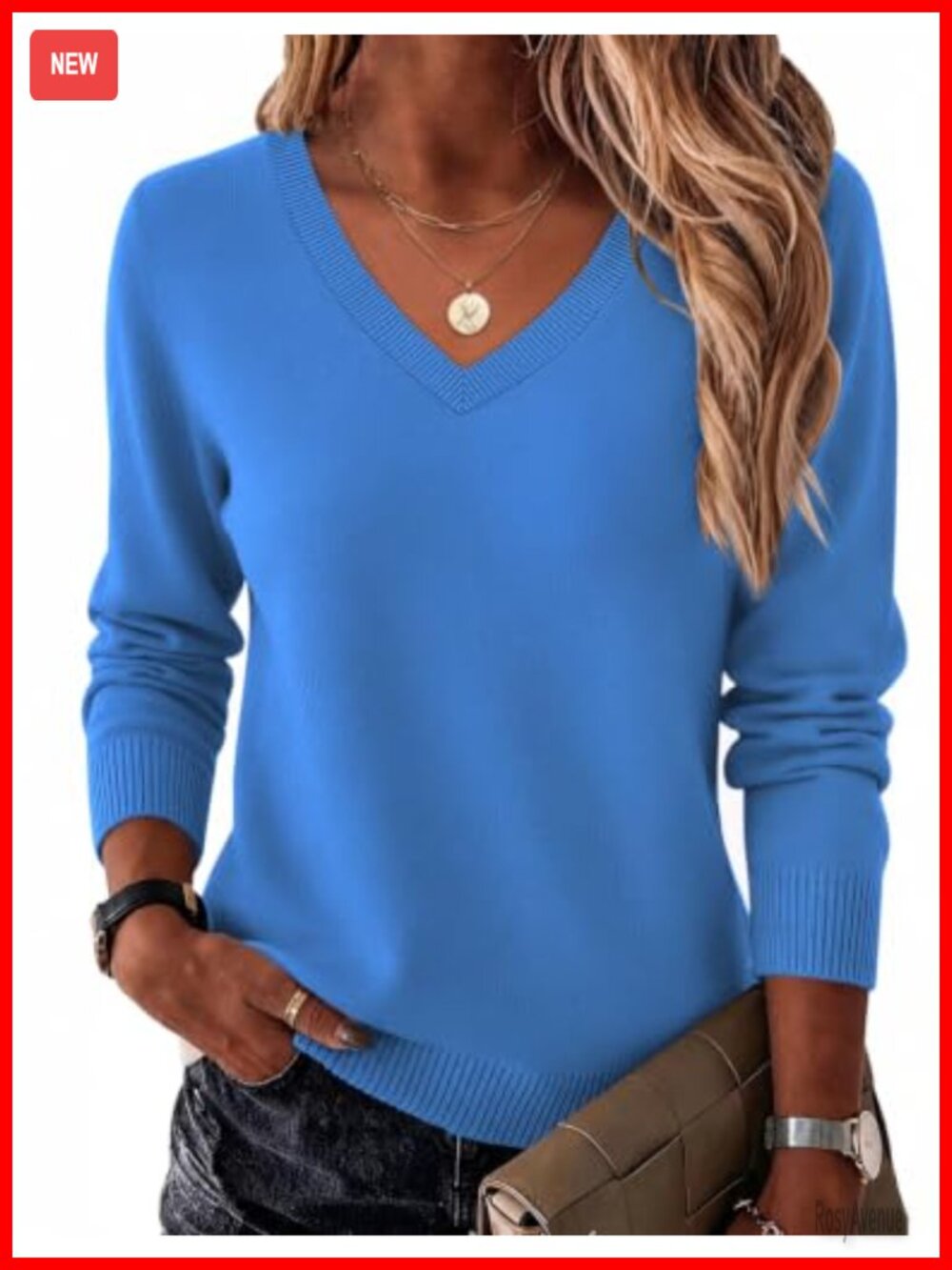 Women's Knit Pullover Sweater V-Neck Long Sleeve Casual Top